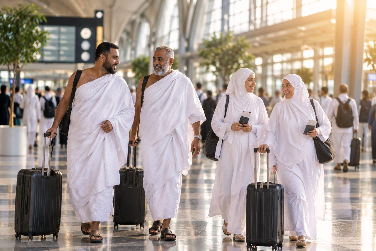 Pilgrims in ihram travelling through the airport for Hajj